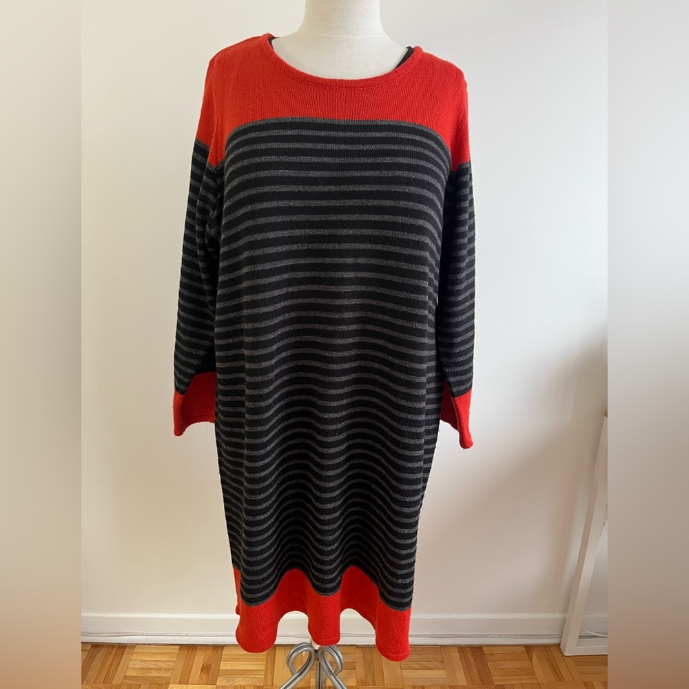 Deep Coral & Charcoal Grey Black Stripe Long Sleeve Sweater Dress